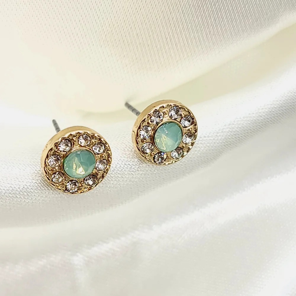 Gold Seafoam Diamond Halo Rhinestone Stud Button Earrings